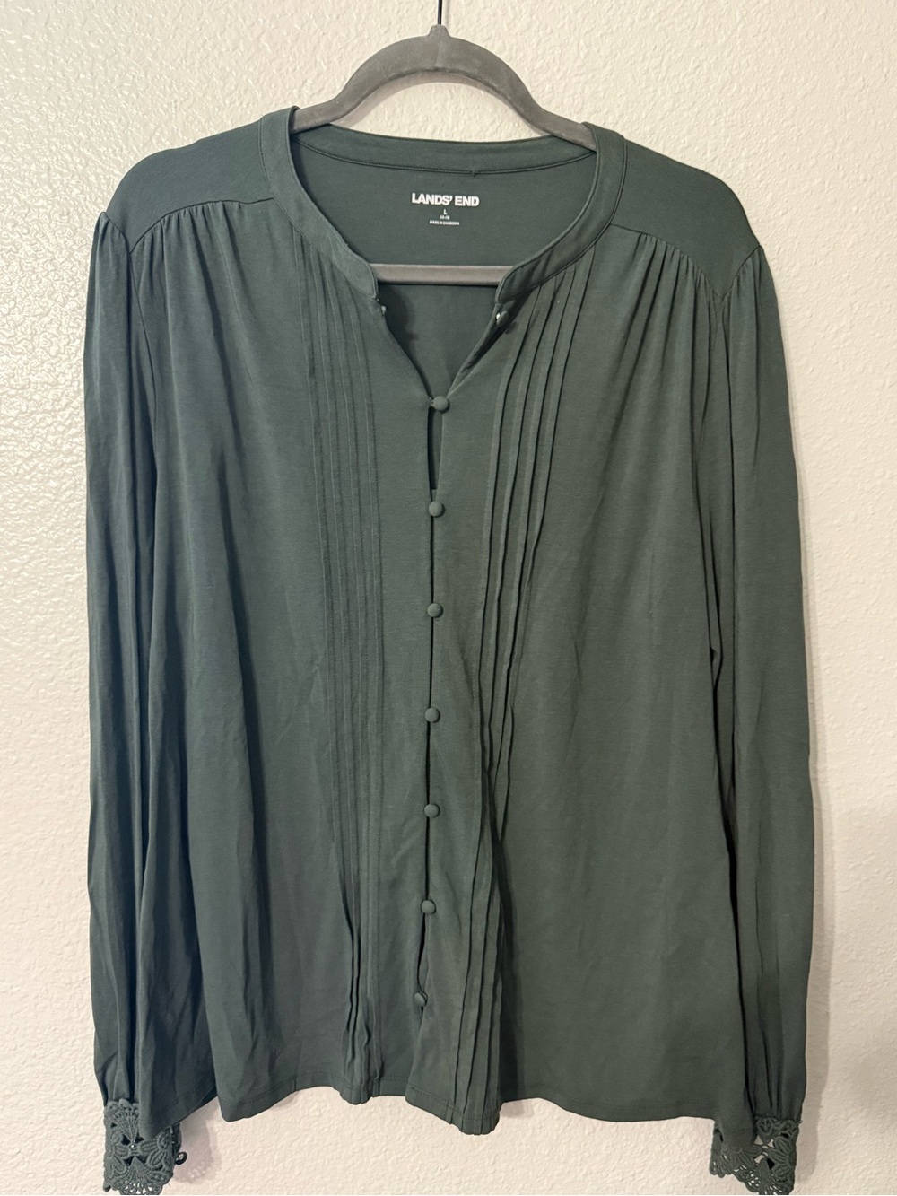 Lands' End Pleated Lace Cuff Blouse Large Sage Green